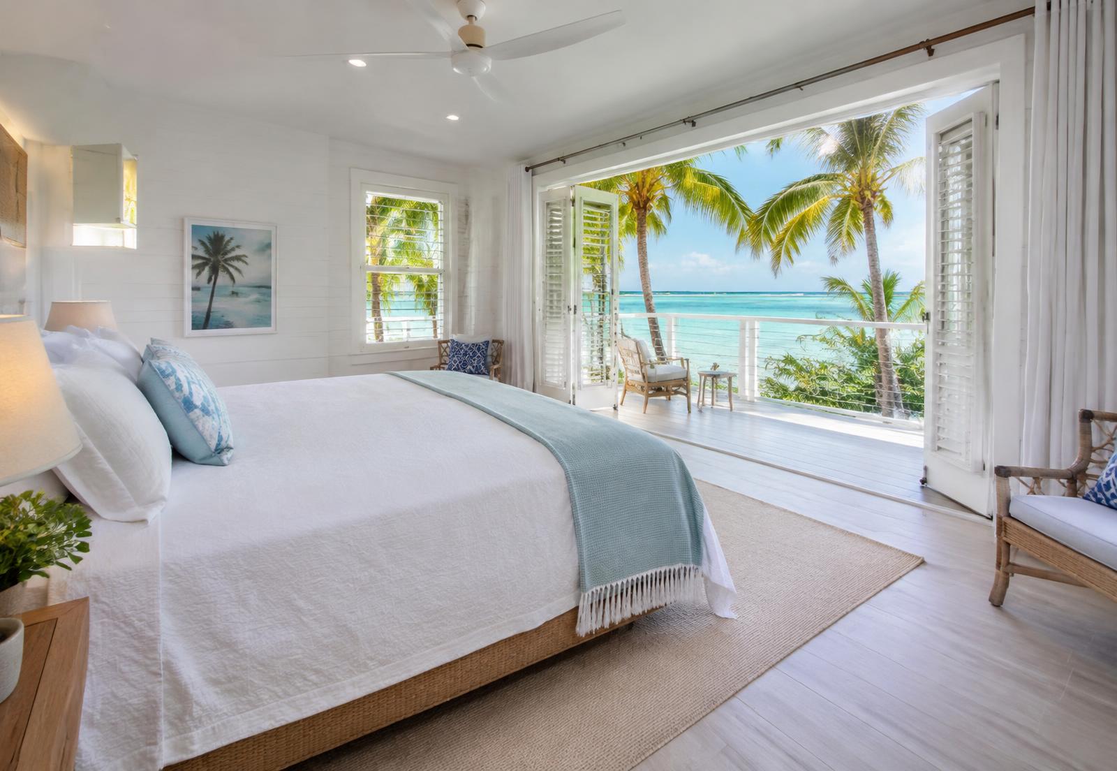 Bright, tidy Florida Keys bedroom with white linens, wood furnishings and an ocean view through open glass doors.